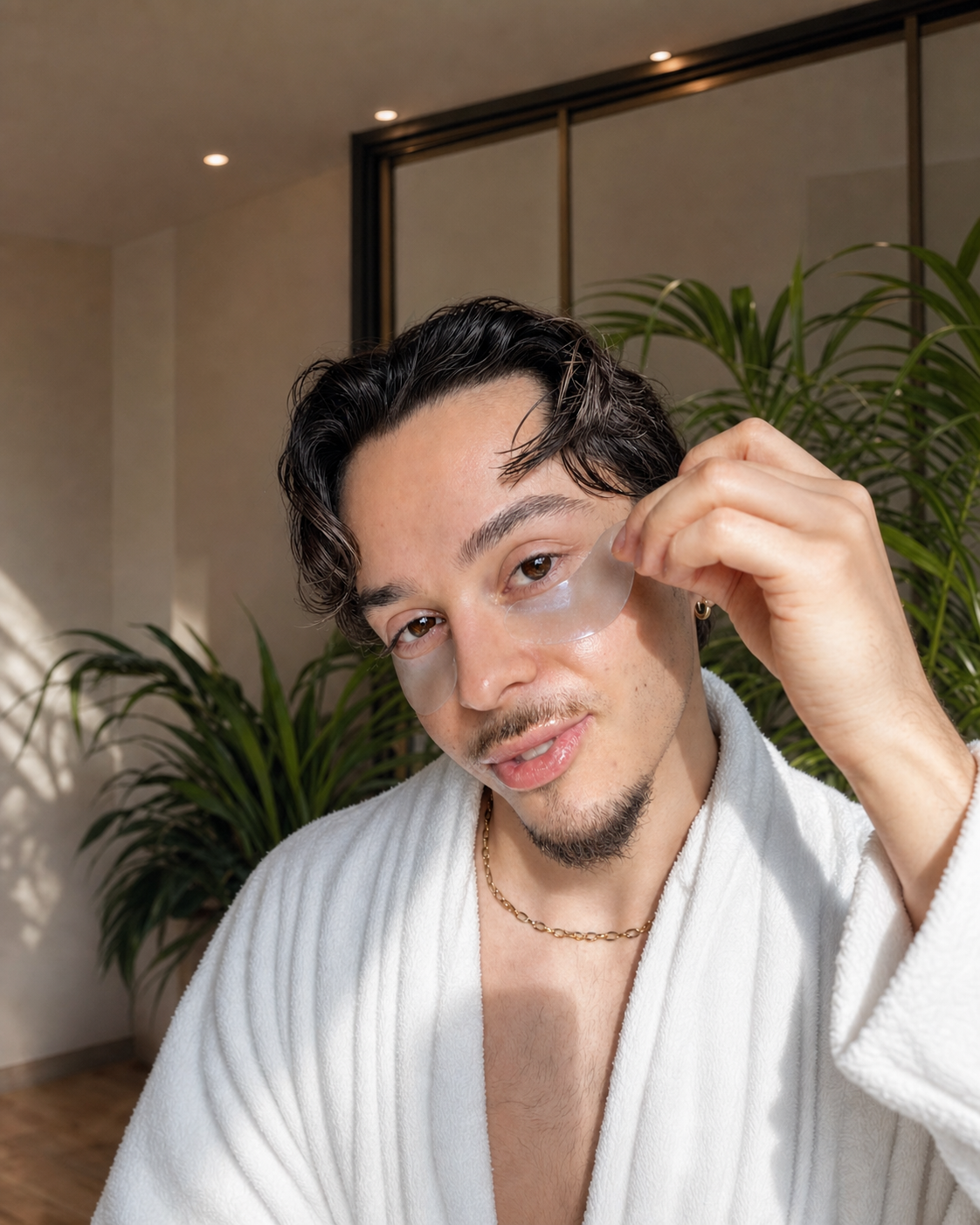 Beau Ricci wearing under-eye skincare patches